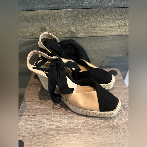 Zara Espadrille Wedge Sandals Black Tan Ankle Tie Wrap Platform Heels Size 8.5 - Picture 8 of 16